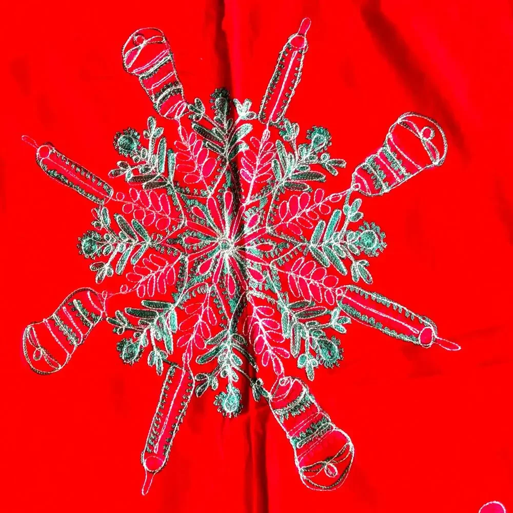 Vintage 1980's Christmas buffet tablecloth red with green & gold embroidery